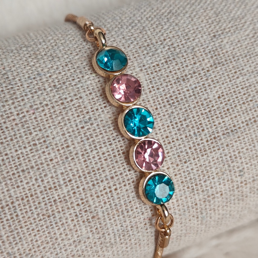 Gold Tone Bracelet Bolo‎ Snake Chain Teal Pink Crystal Rhinestone Adjustable